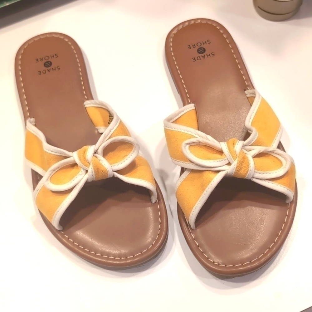 Shade & Shore Lorelei Yellow White Bow Open Toe Slides Size 7 -